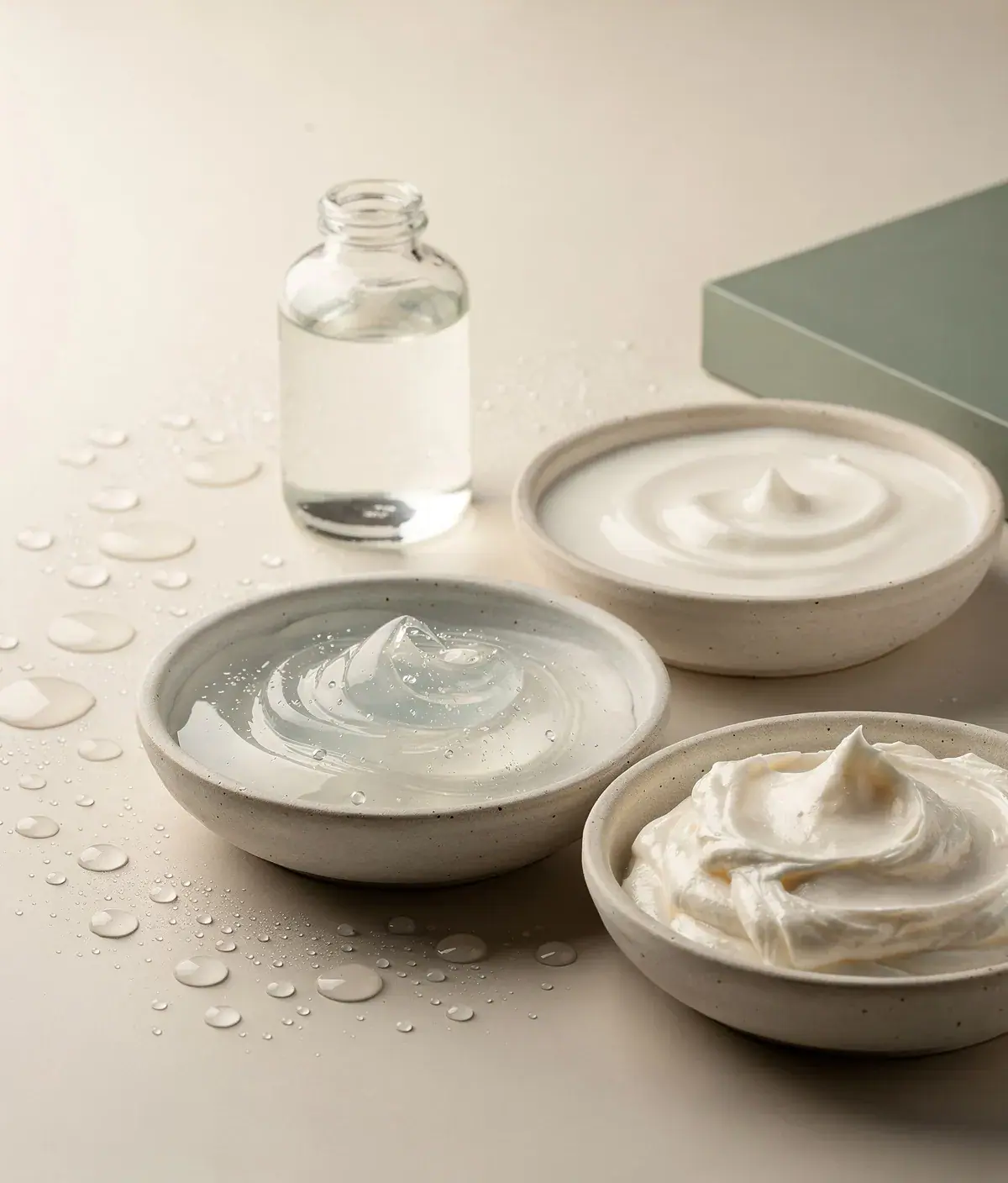 Tres texturas de gel, leche corporal y crema densa en cuencos de cerámica junto a glicerina y gotas de agua.