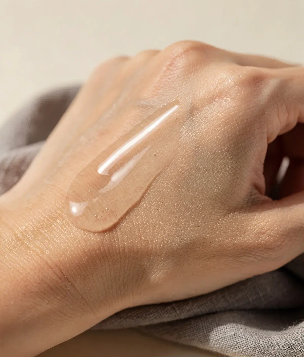 Gel corporal transparente absorbiéndose sobre el dorso de una mano.