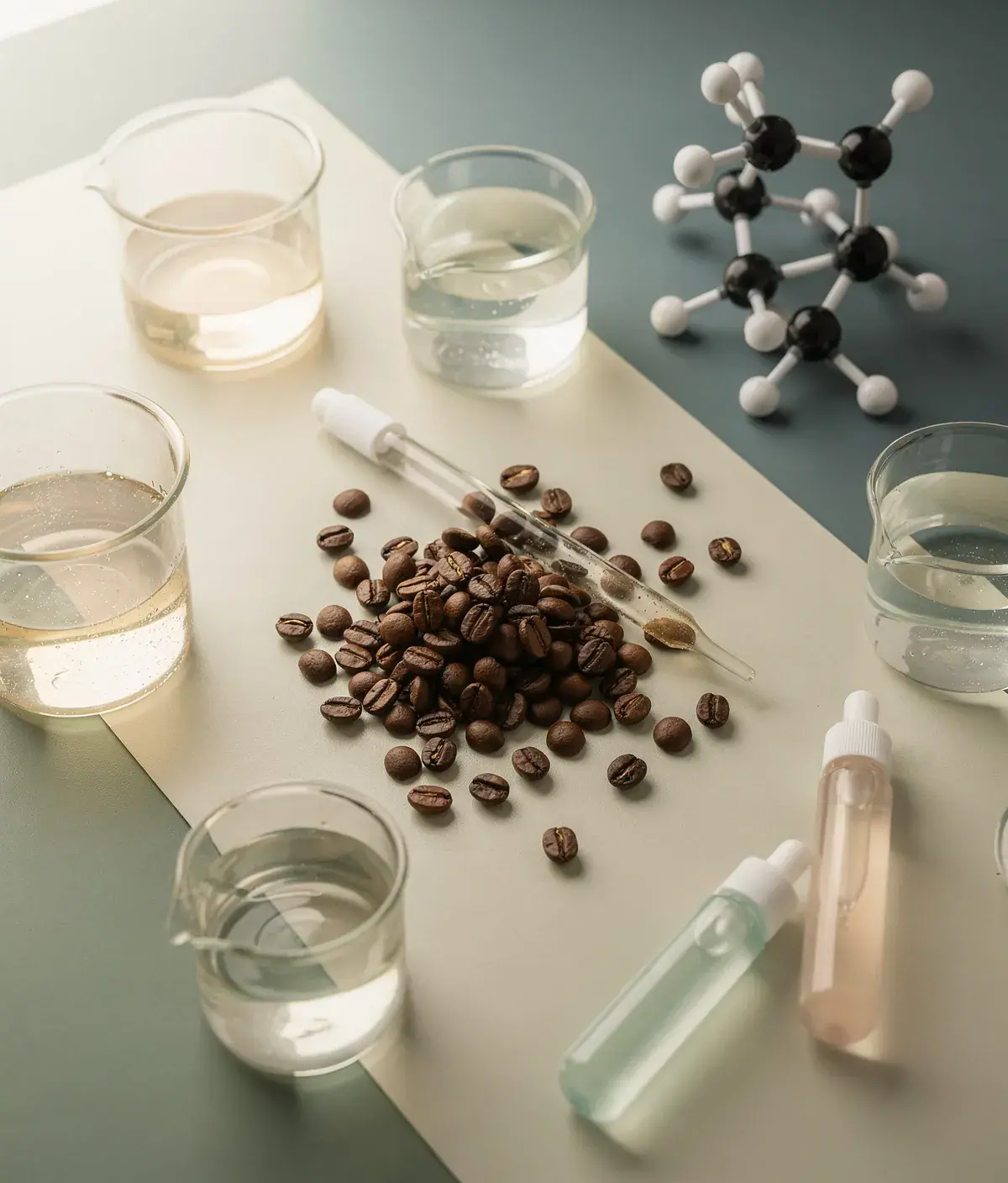 Mesa de laboratorio con ingredientes y utensilios para una fórmula de cosmética corporal.