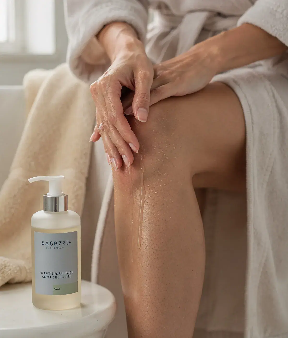 Mujer adulta aplicando gel anticelulítico en el muslo con un masaje ascendente después de la ducha.
