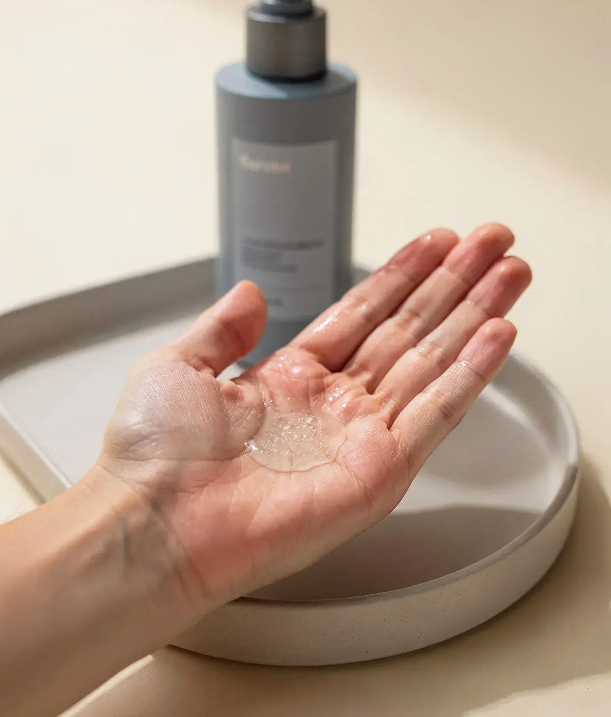 Primer plano de la palma con una pequeña cantidad de gel corporal anticelulítico junto al frasco.