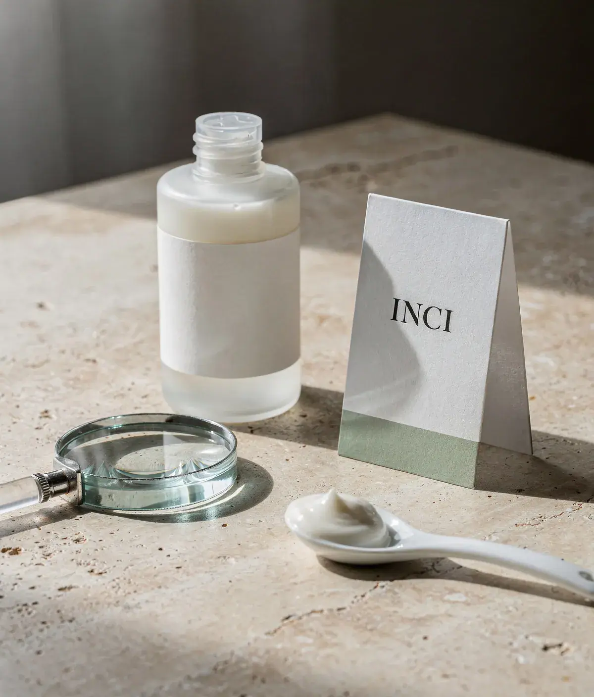 Botella de crema corporal con tarjeta INCI, lupa y muestra de crema sobre fondo claro.