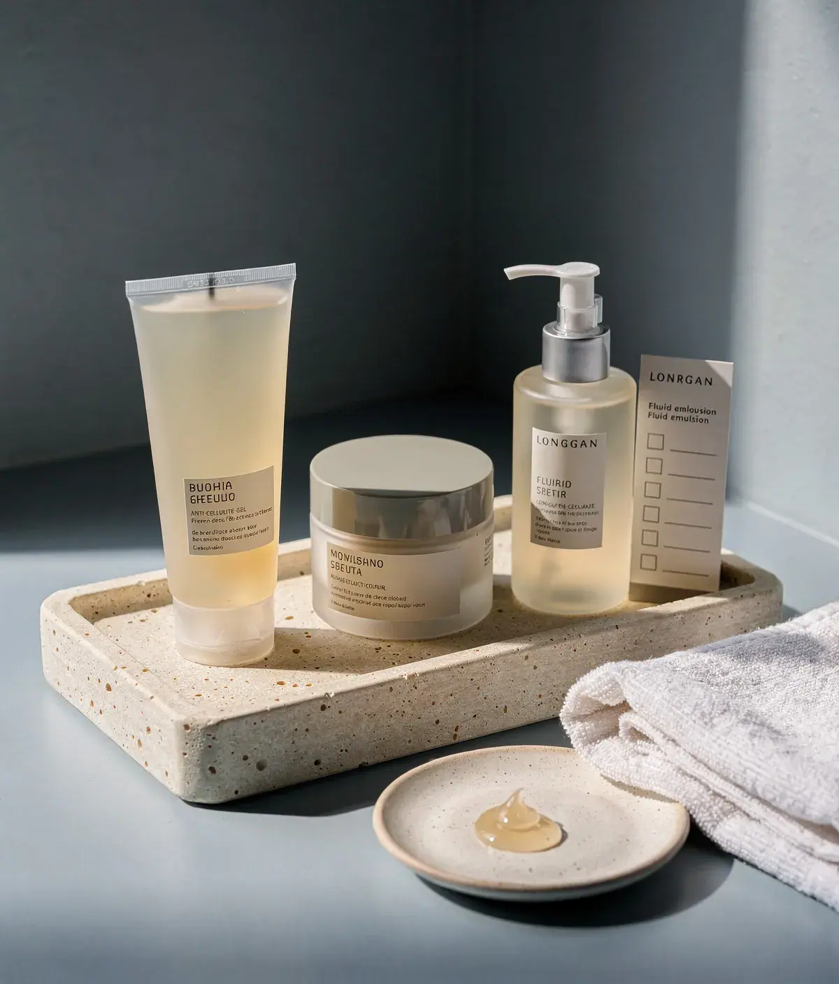 Composición editorial con gel anticelulítico, crema y emulsión sobre una bandeja de baño con una tarjeta de checklist.