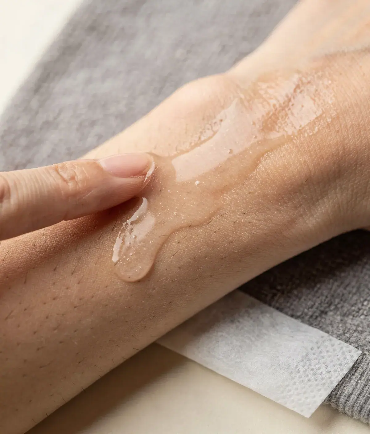 Detalle de gel corporal extendiéndose sobre un antebrazo con una tira de papel absorbente.