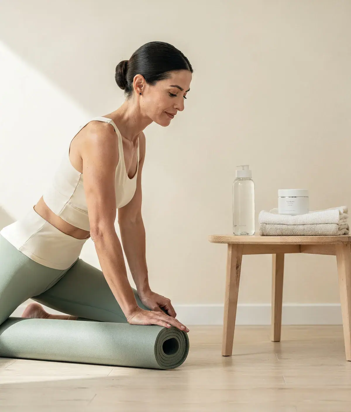 Mujer adulta en ropa deportiva estirándose junto a una esterilla, agua, toalla y crema corporal en casa.