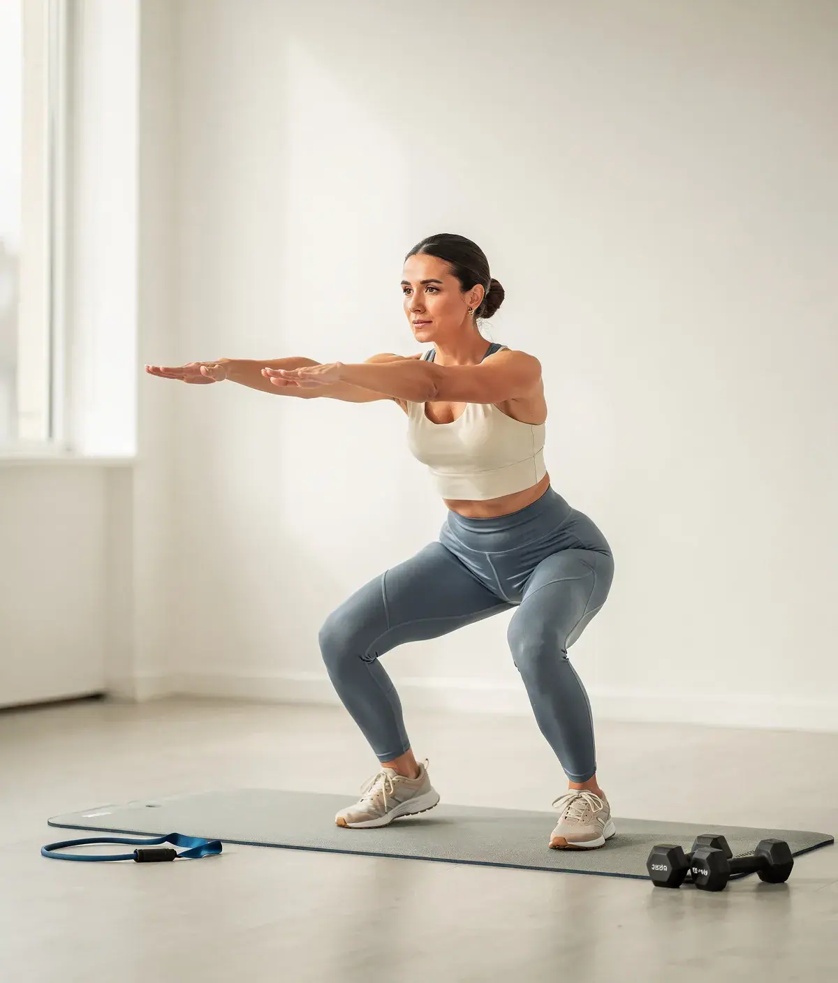 Mujer adulta en ropa deportiva haciendo sentadillas y zancadas en un interior luminoso.