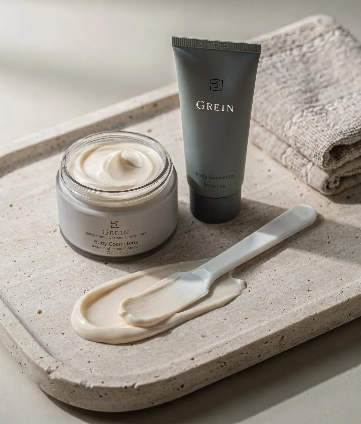 Cosmético corporal con crema extendida sobre piedra clara, en una escena editorial minimalista.