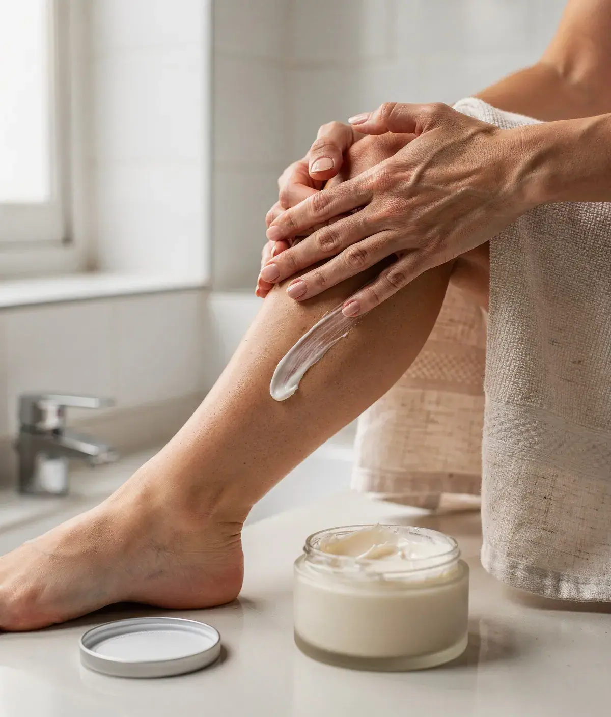 Manos aplicando crema corporal con masaje sobre una pierna cubierta por toalla.