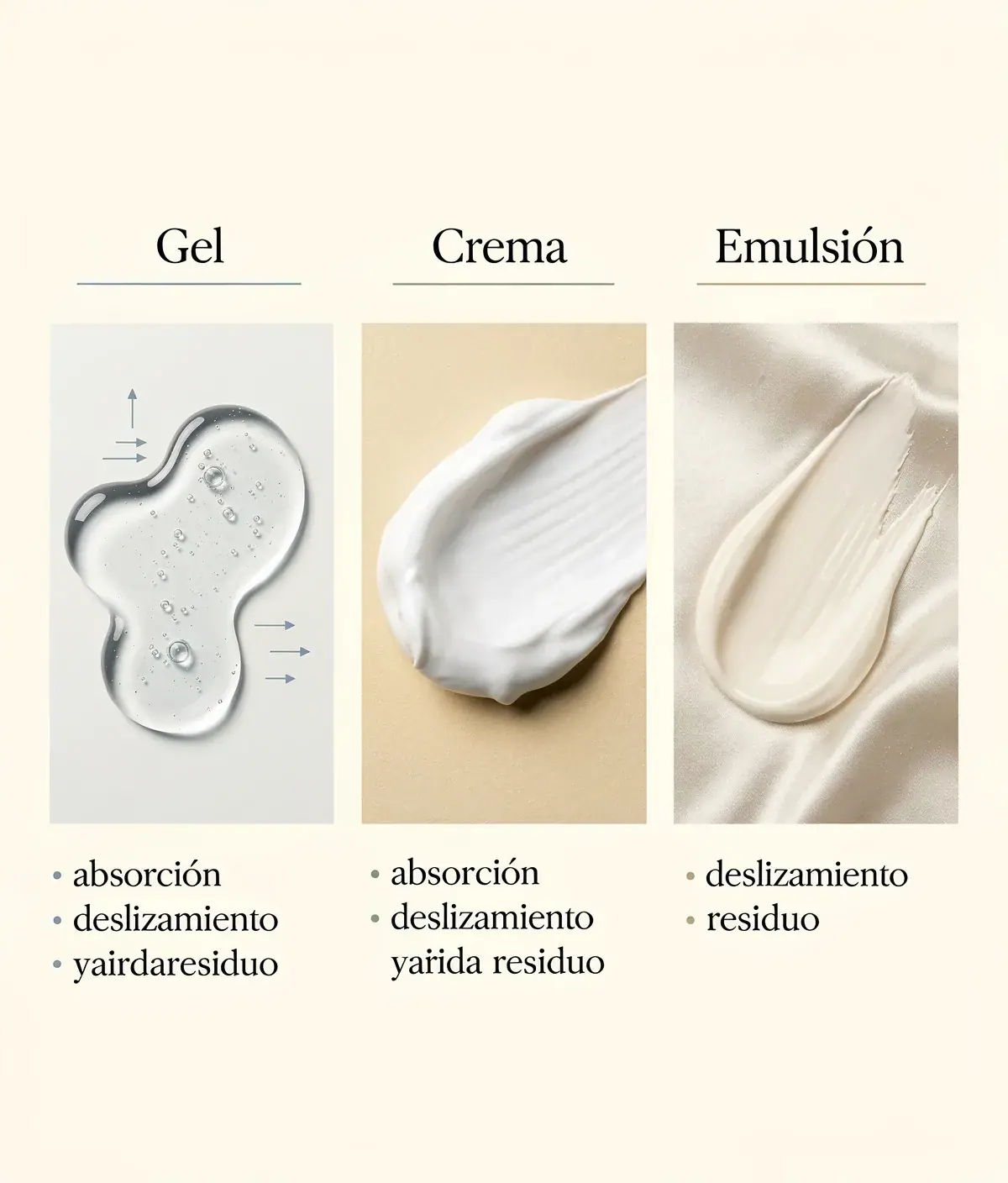 Infografía comparando gel, crema y emulsión anticelulítica.
