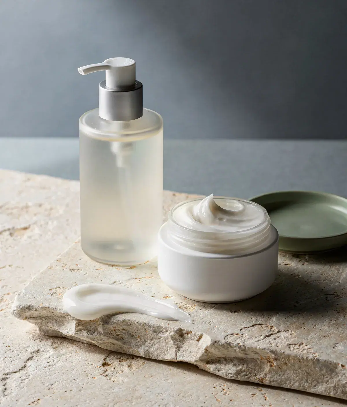 Gel corporal y crema corporal en un bodegón minimalista sobre fondo crema.