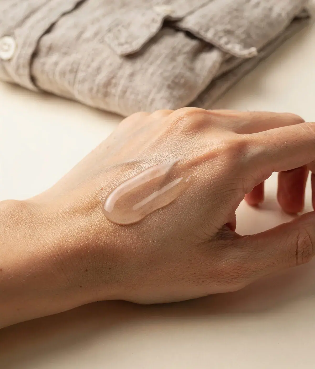 Mano aplicando gel corporal sobre el antebrazo junto a ropa de lino doblada.