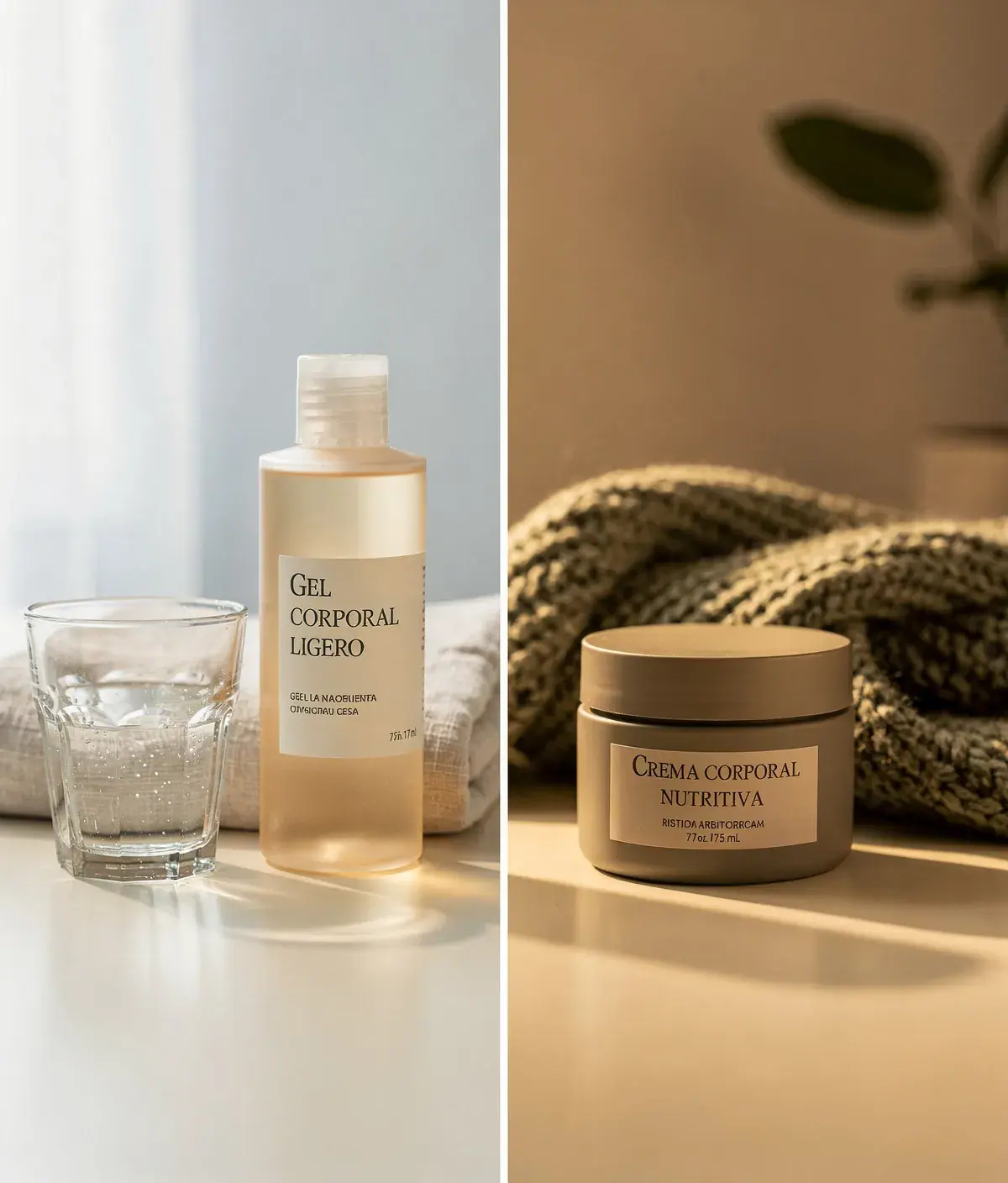 Gel ligero y crema nutritiva en un baño minimalista para verano e invierno.