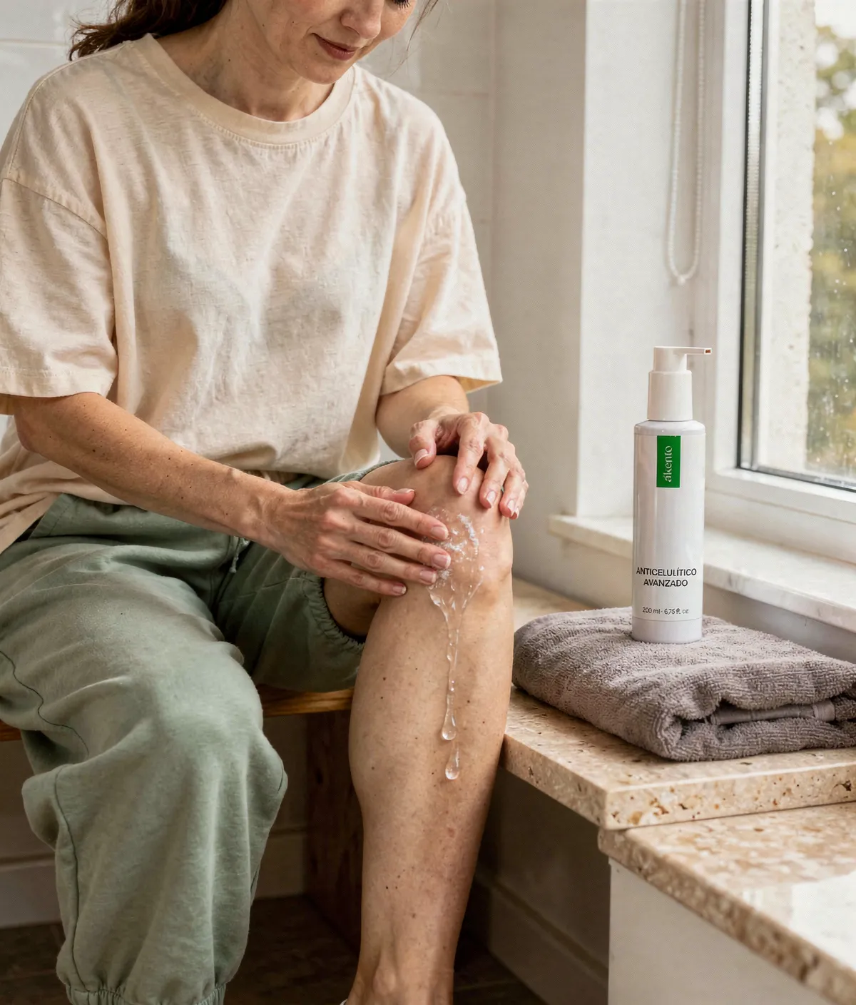 Persona adulta aplicando gel corporal sobre la pantorrilla durante una rutina de mañana, con un envase de Akento junto a ella.