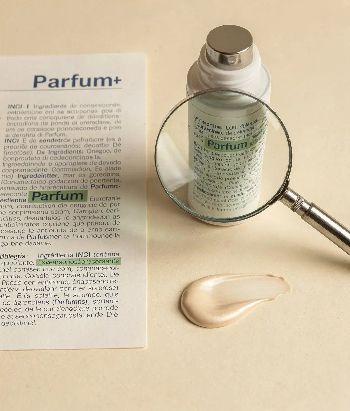Frasco de cosmética corporal junto a una lista INCI con la palabra Parfum resaltada. 