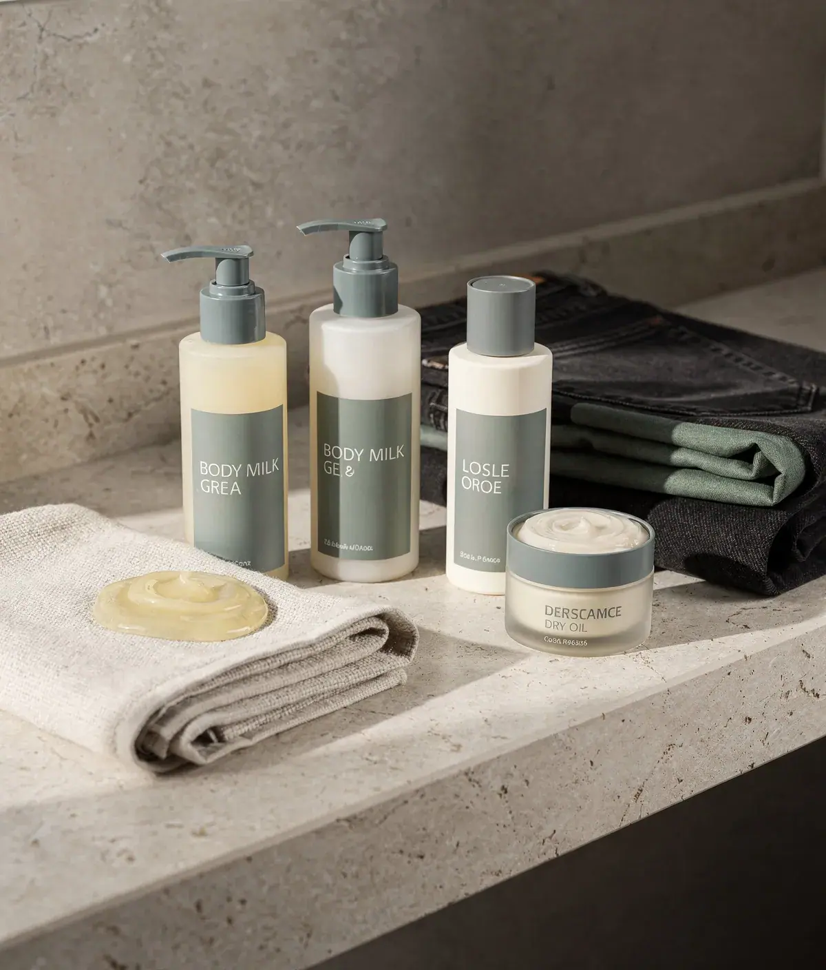 Selección editorial de gel, body milk, crema y aceite junto a textiles y vaqueros sobre una encimera clara.